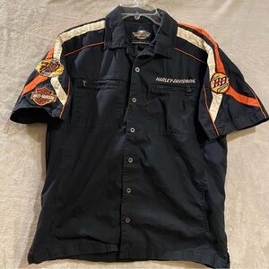 Harley Davidson Shirt Men’s Large Blue Button Down Spellout Cotton Stitched HOG